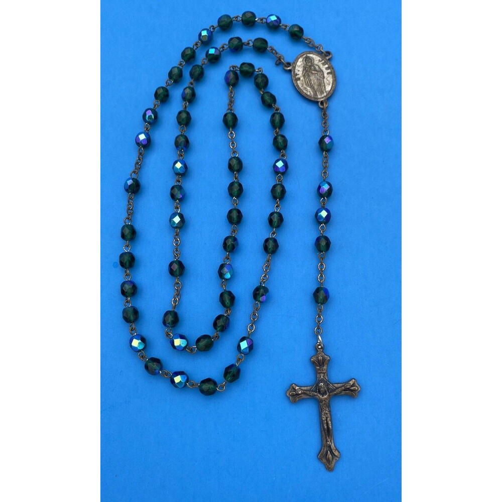 Vintage Peacock Green/Blue AB Faceted Glass Rosary, St Jude, Italy, Christianity